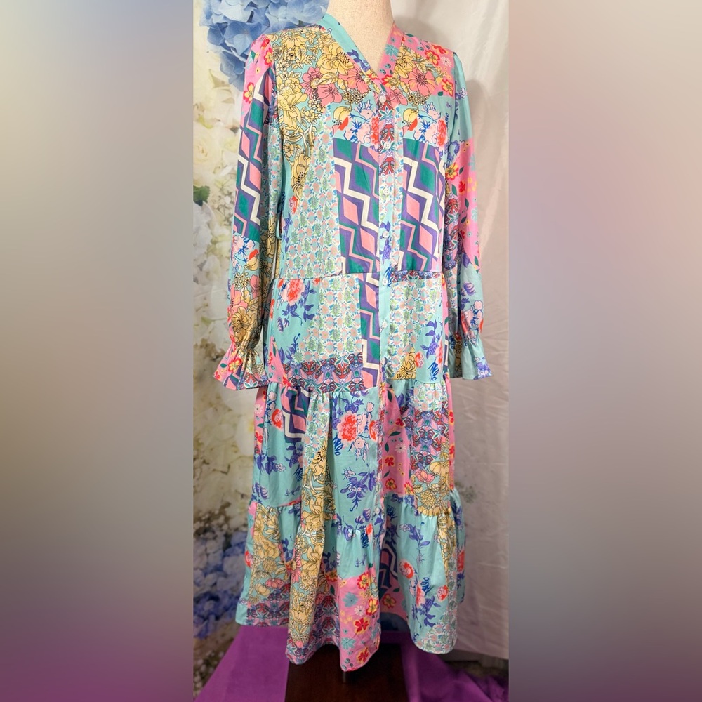 Sunday Up Colorful Blues Pinks Geometric Long Sleeve maxi Dress v neck button Up